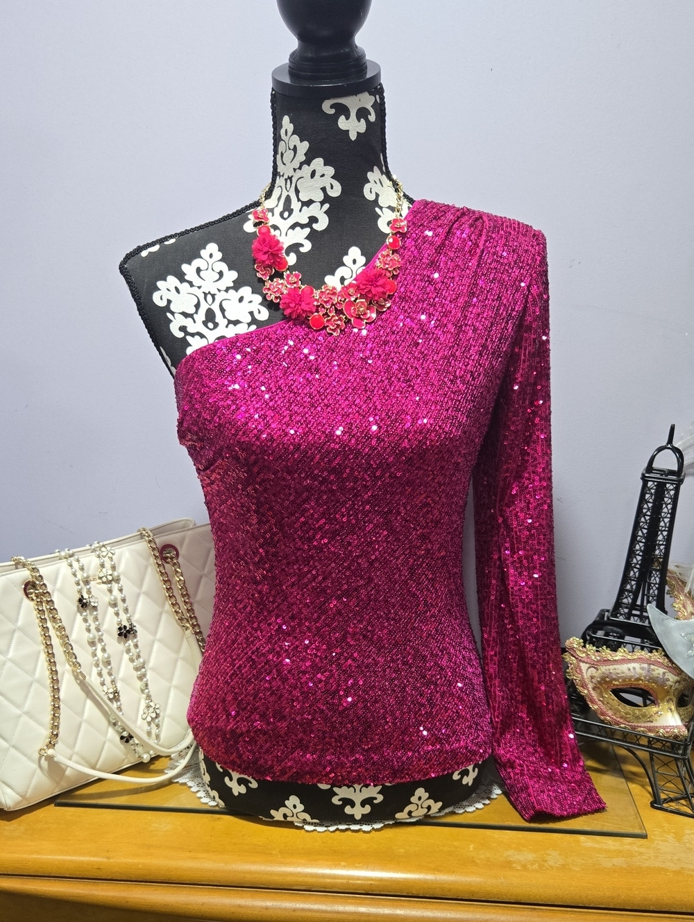 Trina Turk Fuchsia One-Shoulder Sequin Top